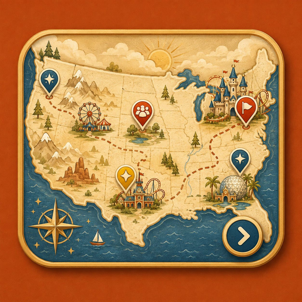 Illustrated map for exploring geographically connected Park Worlds information